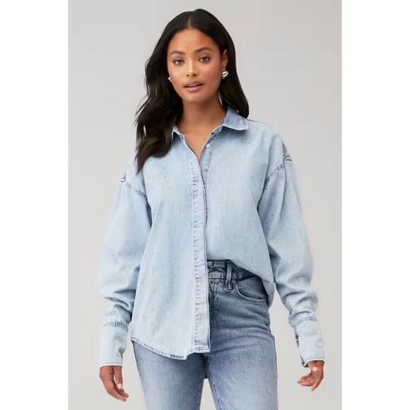 Good American Rhinestone Denim Button Up Shirt Chambray Small Disco Cowgirl Fall - Picture 2 of 11